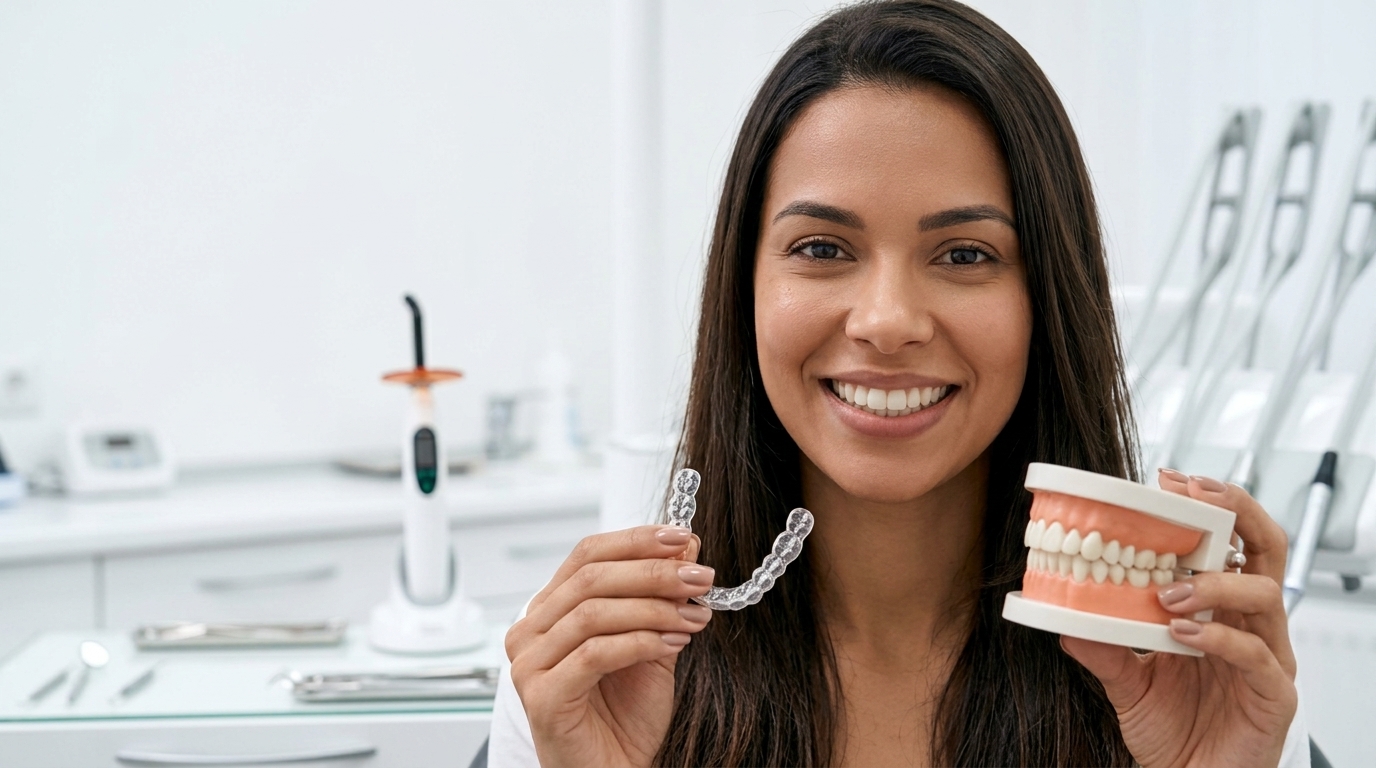 Paciente sorrindo segurando alinhador invisível e modelo dentário